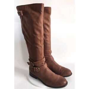 Madden Girl Knee High Riding Boots Size 8 Tan Faux Leather Back Zip Karmen Belts